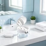 Denture storage case with built-in mirror